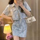 Short-sleeve Pocket-detail Printed Shirt / High-waist A-line Mini Skirt