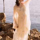 Leaf Embroidered Mesh Spaghetti-strap Maxi Dress / Mesh Jacket