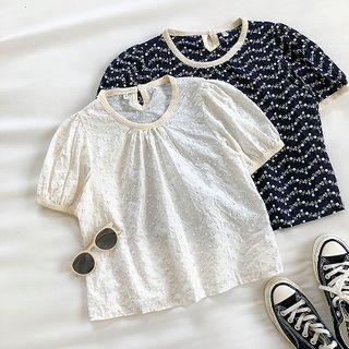 Floral Perforated Crewneck Puff-sleeve Top