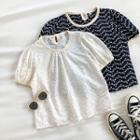 Floral Perforated Crewneck Puff-sleeve Top