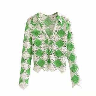 Long-sleeve Open-collar Lace Blouse