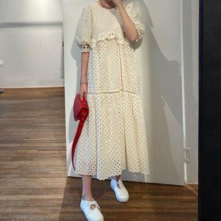 Short-sleeve Perforated Midi Dress Off-white - One Size