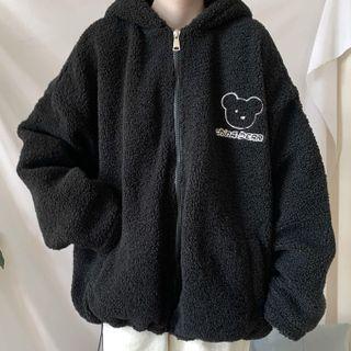 Long Sleeve Bear Embroidered Zip-up Fleece Hoodie