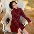 Plain Single-breasted Long-sleeve Dress Wine Red - One Size