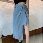 High-waist Ruched Asymmetric Slit A-line Midi Skirt