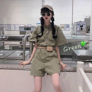 Button-down Short-sleeved Playsuit With Pouch