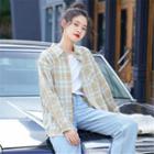 Plaid Long-sleeve Shirt / Plain Wide Leg Jumpsuit