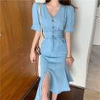 Denim V-neck Slim-fit Dress