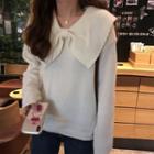 Plain Long-sleeve Top With Bow-knot
