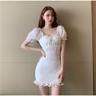 Puff-sleeve Shirred Mini Mermaid Dress White - One Size