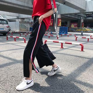 Striped Drawstring Wide-leg Pants Black - One Size