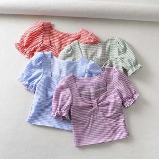 Puff-sleeve Ruched Back Plaid Cropped Top