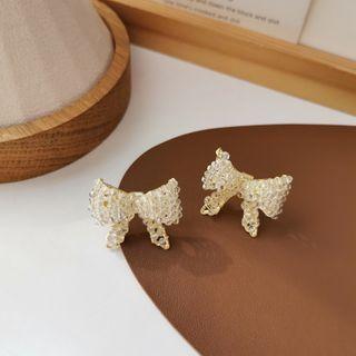 Bow Faux Crystal Earring 1 Pair - S925 Silver Needle - Bow Stud Earrings - Gold - One Size