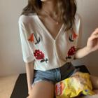 Short-sleeve Floral Embroidered Cardigan White - One Size