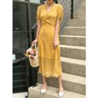 Drawstring-sleeve Long Floral Dress Yellow - One Size