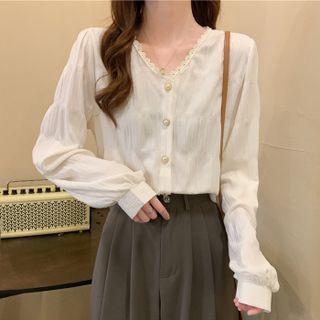 Lace Trim Faux Pearl Button Blouse