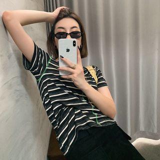 Striped Contrast Stitching Short-sleeve T-shirt