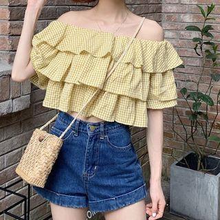 Off-shoulder Gingham Layered Cropped Blouse