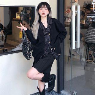 Mock Two-piece Pinstriped Panel Cardigan Black - One Size