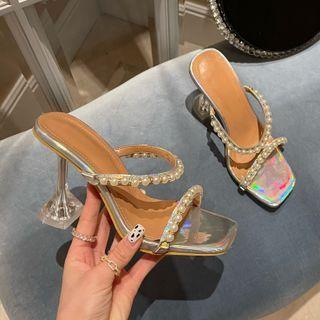 Faux Pearl Flared Heel Sandals