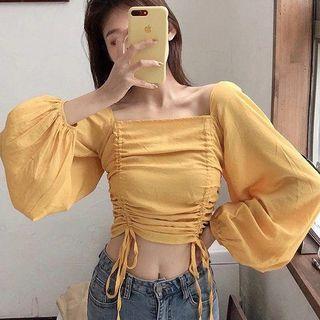 Puff-sleeve Drawstring Plain Blouse