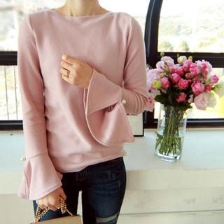 Faux-pearl Trim Frill-sleeve Top