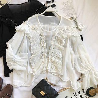 Mesh Panel Ruffle-trim Long-sleeve Chiffon Blouse