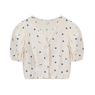 Puff-sleeve Floral Print Button-up Crop Top