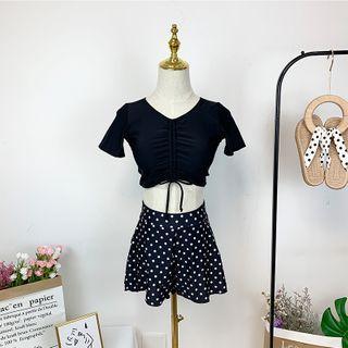 Set: Short-sleeve Cropped Swim Top + Dotted Swim Skort