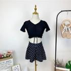 Set: Short-sleeve Cropped Swim Top + Dotted Swim Skort