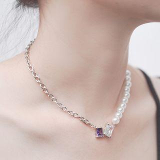 Rhinestone Alloy Necklace Rhinestone - Silver - One Size