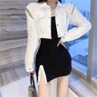 Zip Detail Cropped Button Jacket / Sleeveless Mini Sheath Dress