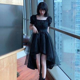 Short-sleeve Buckled High-low Mesh Dress