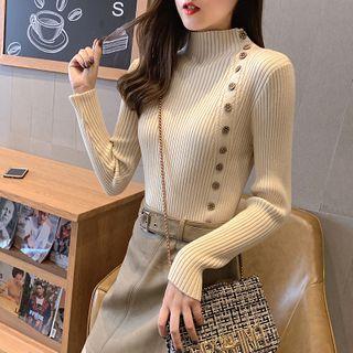 Long-sleeve Mock-neck Button-up Knit Top
