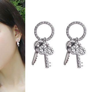 925 Sterling Silver Rhinestone Key Dangle Earring Key - Silver - One Size