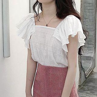 Plain Cut Out Back Ruffled-sleeve Top
