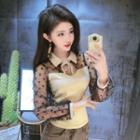 Long-sleeve Doted Panel Velvet Top