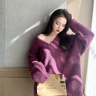 V-neck Boxy Sweater Purple - One Size