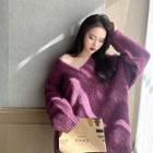 V-neck Boxy Sweater Purple - One Size