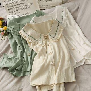 Embroidered Peter Pan-collar Loose Blouse In 5 Colors