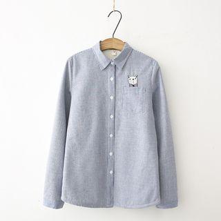 Cat Embroidered Button-down Stripe Shirt