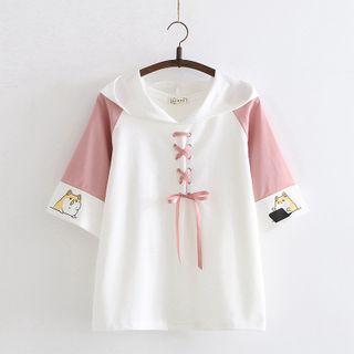 Printed Lace Up Hooded Short-sleeve T-shirt