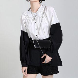 Two-tone Panel Ruffle Trim Blouse Black & White - One Size