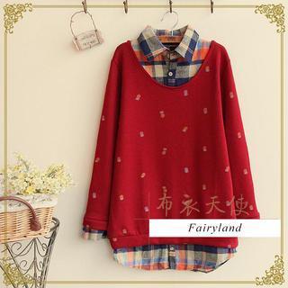 Inset Plaid Shirt Pineapple Print Pullover