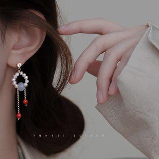 Faux Pearl Hoop Dangle Earring 1 Pair - Blue & Red - One Size