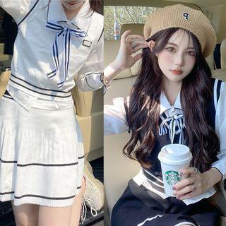 Long-sleeve Plain Shirt / V-neck Striped Knit Vest / High-waist Striped Knit Skirt