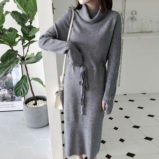 Funnel-neck Long-sleeve Midi Knee Dress
