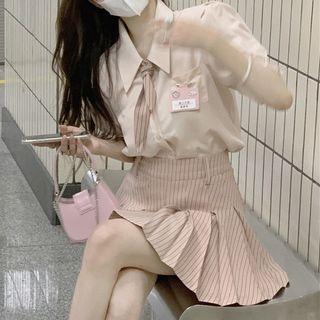 Short-sleeve Shirt / Striped Pleated Mini A-line Skirt