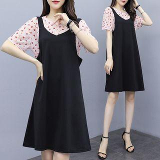 Set: Floral Short-sleeve Top + Sleeveless A-line Dress