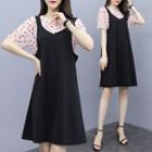 Set: Floral Short-sleeve Top + Sleeveless A-line Dress